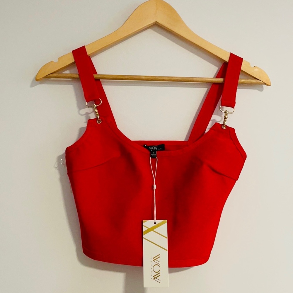 NWT S WOW Couture Red bandage crop top gold detail